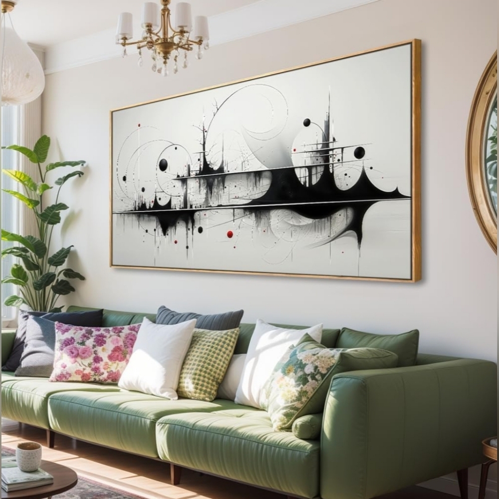 Geometric Canvas Art Black & White Framed 24"x48" Wall Decor, Ready to Hang
